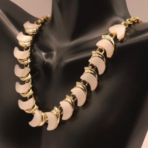 Gold-Tone & Thermoset Pearlescent Crescent Moon Necklace - Picture 3 of 9